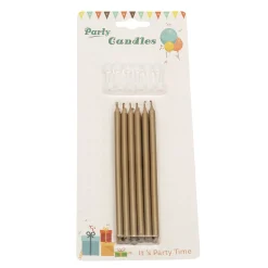 Taartkaarsjes met houders Lang Goud 12st.