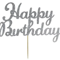 Taarttopper Happy Birthday Zilver 15x8cm